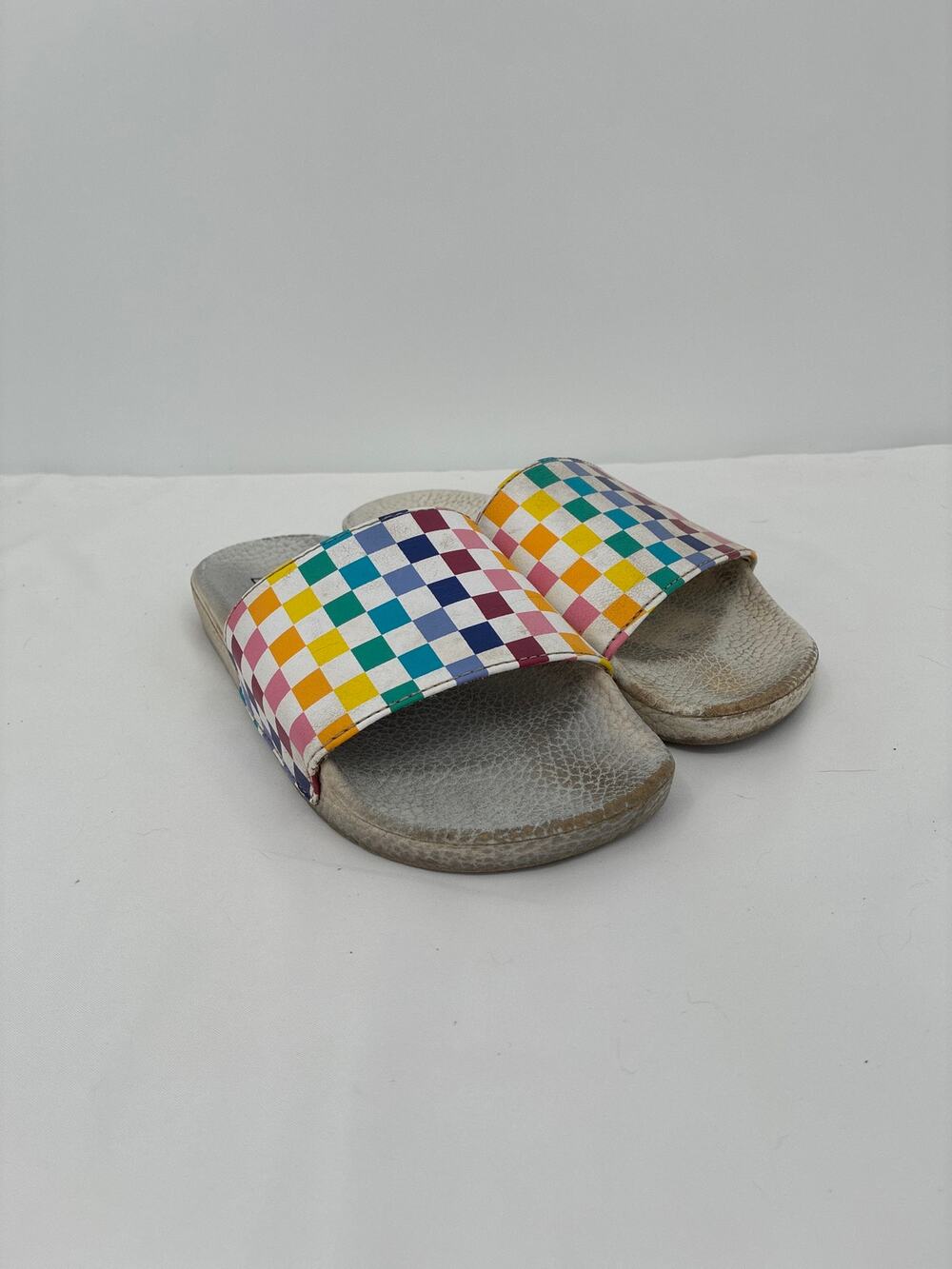Vans Rainbow Checkered White Slides Sandals Play Condition 3.0 youth